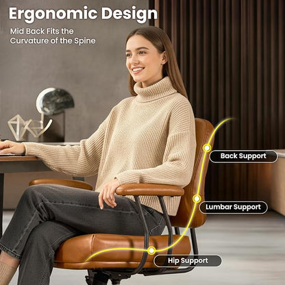 ovios Ergonomic Office Chair, Mid Back Faux Leather Executive Chairs with Thick Cushion, Comfy Mid-Century Modern Swivel Rolling Computer Armchair (Brown, PU Leather)