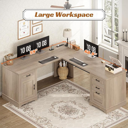 SEDETA Farmhouse 69" Executive L Shaped Desk, Corner Computer Desk with Storage Drawers and Power Outlet, Home Office Desk with File Drawer for Home Office, Oak