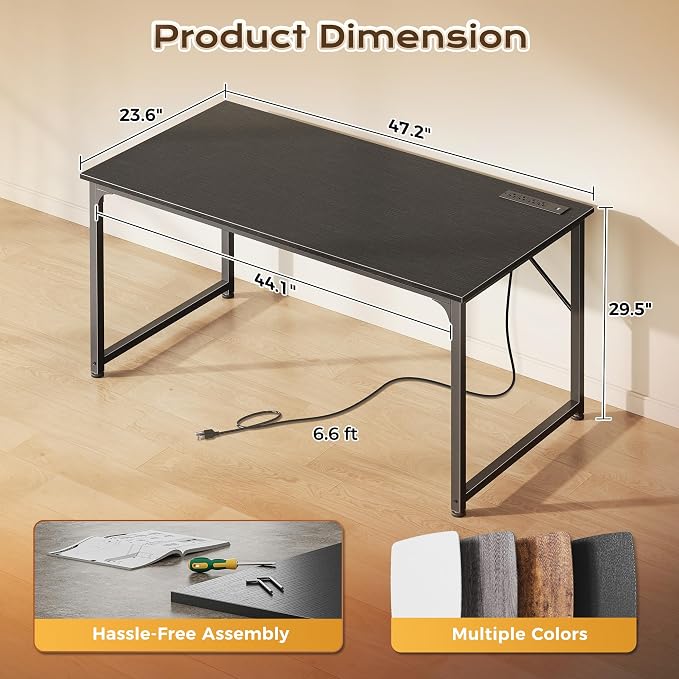 PRAISUN 47 X 24 Inch Computer Desk with Power Outlets & USB-C Port, Office Desk with Deeper Desktop, Study, Bedroom, Writing Work from Home Table, Metal Frame, Black