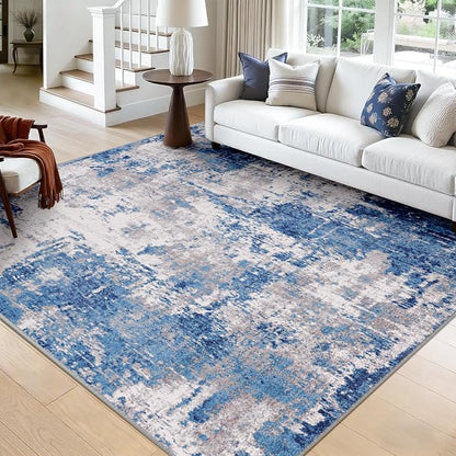 RELEANY Washable Area Rugs Square 9ft Non-Slip Modern Abstract Soft for Living Room Entryway Bedroom Kitchen, Print Pattern, Blue Grey Navy Gray