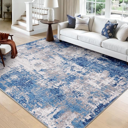 RELEANY Washable Area Rugs Square 9ft Non-Slip Modern Abstract Soft for Living Room Entryway Bedroom Kitchen, Print Pattern, Blue Grey Navy Gray