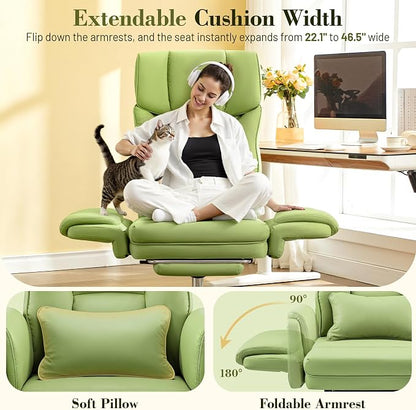 Big and Tall Office Chair, 400LBS Wide Leather Gaming Chair with Footrest, High Back Executive Chair, Reversible Armrest for Pets, 135° Reclining Cross Legged Chair with Lumbar Support(Avocado Green)