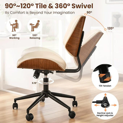 ovios Home Office Chair with Wheels, Modern PU Leather Swivel Computer Desk Chair, Mid Back Adjustable Height Armless Walnut Chairs for Office (White Button)