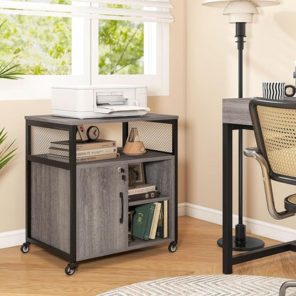 Giantex File Cabinet, Lateral Filing Cabinet with Lock, Wheels, Charging Station, Cable Hole, Lockable Side Cabinet, Adjustable Shelves, Metal Frame, Printer Stand for Home Office Small Space (Grey)