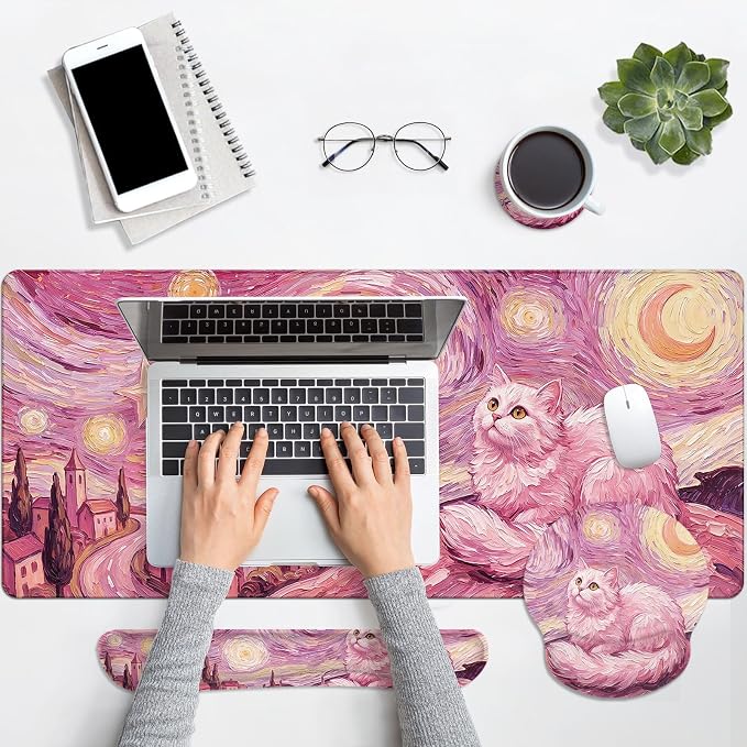 Britimes Pink Cat Moon Keyboard Mouse Pad Set Oil Painting Aesthetic 4in1 Large Mousepad+Keyboard Wrist Rest+Mouse Wrist Rest+Coaster Ergonomic Design for Home Office Computer 35.4x15.7 inches