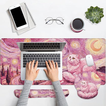 Britimes Pink Cat Moon Keyboard Mouse Pad Set Oil Painting Aesthetic 4in1 Large Mousepad+Keyboard Wrist Rest+Mouse Wrist Rest+Coaster Ergonomic Design for Home Office Computer 35.4x15.7 inches