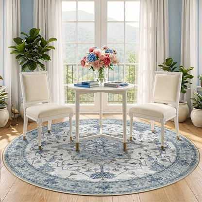 RELEANY Area Rugs Round 5ft Washable Non-Slip, Floral Vintage Distress Medallion Carpet for Living Room Bedroom Dining Room, Light Blue Navy Gray White