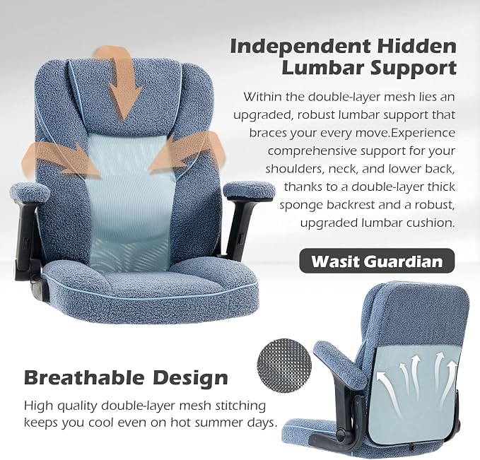 SEATZONE Home Office Desk Chairs with Wheels and Armrests,Office Chair Comfortable Ergonomic Mesh with Teddy Fleece Fabric Executive Computer Chairs for Adults and Teens,Blue