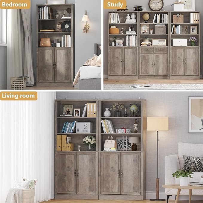 Thacuok 72'' Tall Bookcase with Doors, Adjustable Shelves, P2 MDF Construction, 32'' Wide Freestanding Cabinet with Metal Handles, Hidden Storage for Living Room, Bedroom
