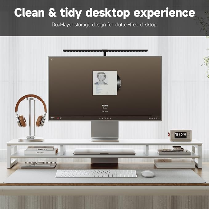 Dual Monitor Stand Riser for Desk, 41.7 Inch Large 2 Tier Computer Monitor Stand for 2 Monitors, Desktop Storage Organizer Shelf with Keyboard Space for Laptop PC Printer White