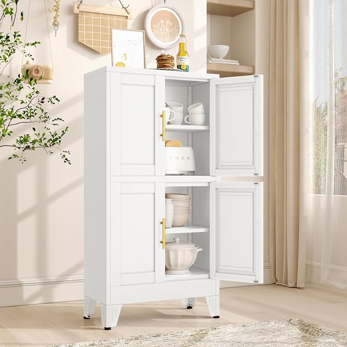 pozdeg Metal Storage Cabinet, 47.2" H Pantry Kitchen Storage Cabinets with 4 Doors and 2 Adjustable Shelves, Versatile Buffet Sideboards Cupboard for Home Office Garage or Gym (White)