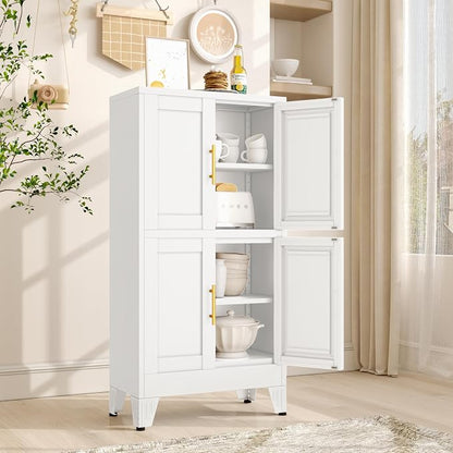 pozdeg Metal Storage Cabinet, 47.2" H Pantry Kitchen Storage Cabinets with 4 Doors and 2 Adjustable Shelves, Versatile Buffet Sideboards Cupboard for Home Office Garage or Gym (White)
