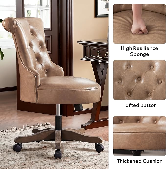HUIMO Home Office Chair Upholstered Faux Leather PU Armless Desk Chair with Wheels Adjustable Height Computer Desk Chair with Wooden Legs Comfortable Swivel Chair for Study Studio (Light Brown)