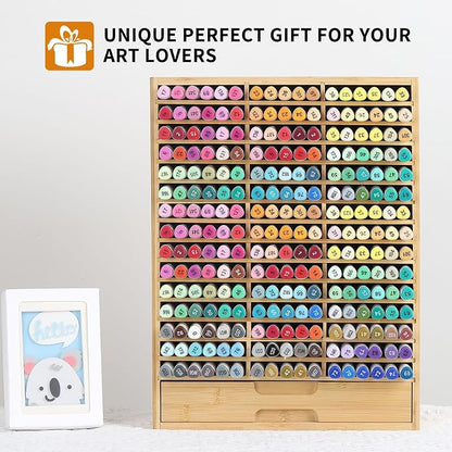 AUTOARK Bamboo Marker Organizer for 225 Markers,AHK-063 | Desktop Storage with Drawers,Art Markers Pens Pencils Brushes,Stationary Organizer