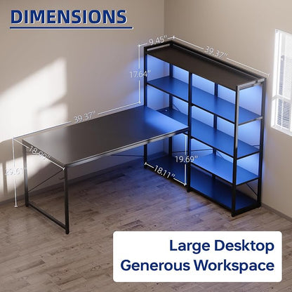 Pamray L Shaped Computer Desk with Reversible Side Storage Shelves, 49 Inch Gaming Desk with Power Outlets and Led Lights, PC Table for Home Office and Bedroom Marble