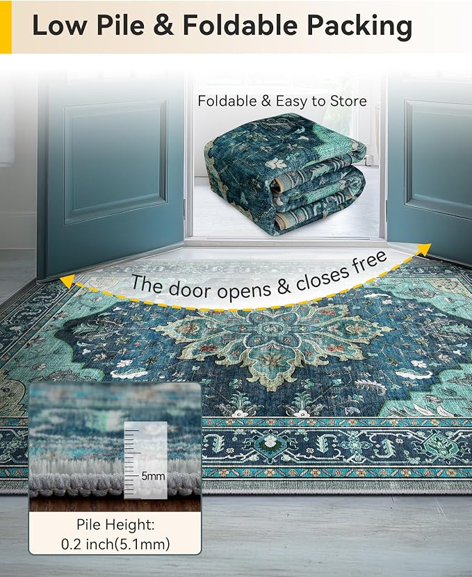 RELEANY Area Rugs Runner 2'x5' Washable Non-Slip, Floral Vintage Distress Medallion Carpet for Kitchen Hallway Bedroom Beside Laundry Room Bathroom, Teal Green Lake Blue Turquoise