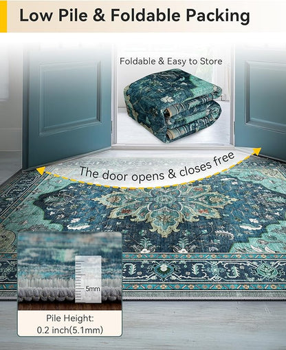 RELEANY Area Rugs Runner 2'6"x12' Washable Non-Slip, Floral Vintage Distress Medallion Carpet for Kitchen Hallway Bedroom Beside Laundry Room Bathroom, Teal Green Lake Blue Turquoise