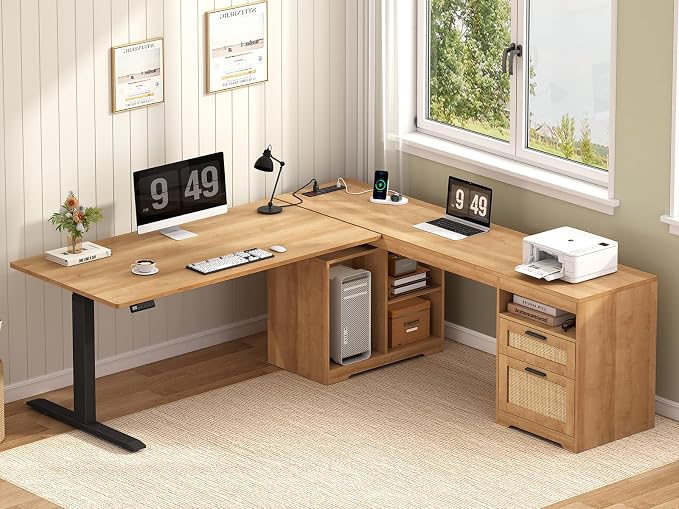 Farmhouse L Shaped Standing Desk, 66 inch Rattan Corner Electric Standing Desk with Drawers ＆ Storage Shelves, Height Adjustable Computer Desk with Power Outlets for Home Office (Natural Oak)