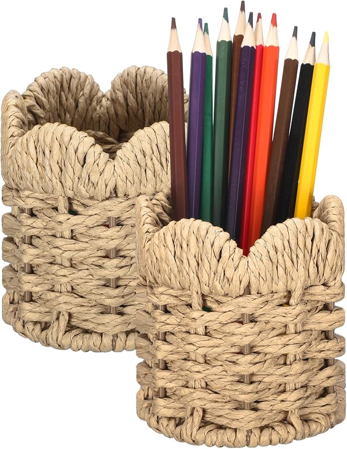 Dunzoom Coastal Theme Paper Rope Pencil Holder Decorative Scalloped Woven Pen Holder Desk Organizer Pen Container Box for Office Home Desktop Kitchen