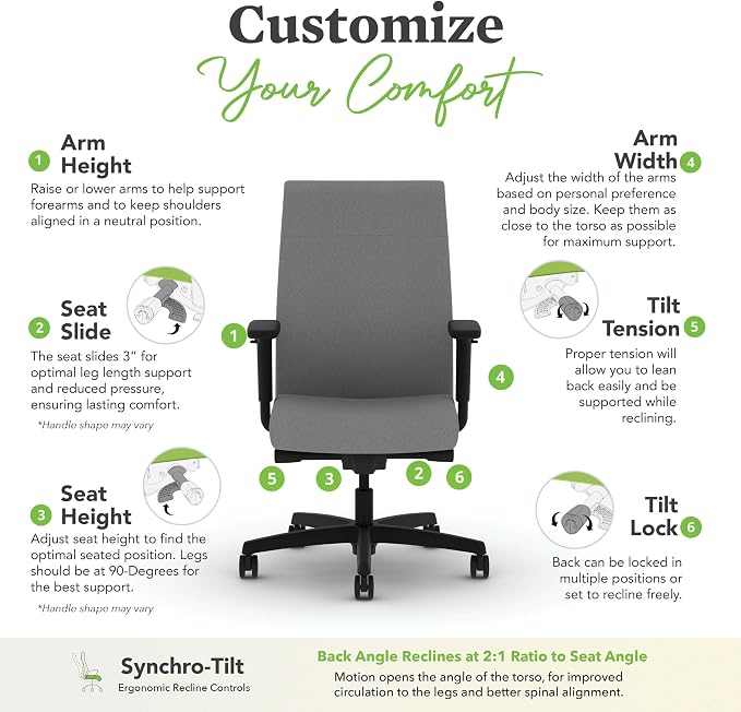 HON Ignition 2.0 Ergonomic Office Chair with Adjustable Arms, Advanced Synchro‑Tilt Recline, Upholstered Desk and Computer Chair for Home Office or Workstation, Black Frame, Frost