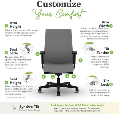 HON Ignition 2.0 Ergonomic Office Chair with Adjustable Arms, Advanced Synchro‑Tilt Recline, Upholstered Desk and Computer Chair for Home Office or Workstation, Black Frame, Frost
