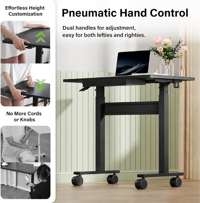 Standing Desk for Walking Pad with Wheels, Pneumatic Cordless Height Adjustable Rolling Desk, Mobile Computer Workstation with Drawer Hook Locking Casters for Treadmill & Home Office, Black