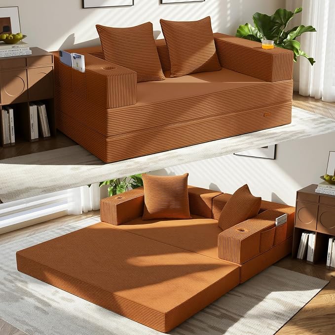 COMAX Futon Sofa Bed, 4‑in‑1 Convertible Sofa Bed, Folding Boneless Couches | Boneless Couch for living room, Fold Out Small Foldable Loveseat Floor Sleeper Mattress Lounge Space‑Saving, Orange