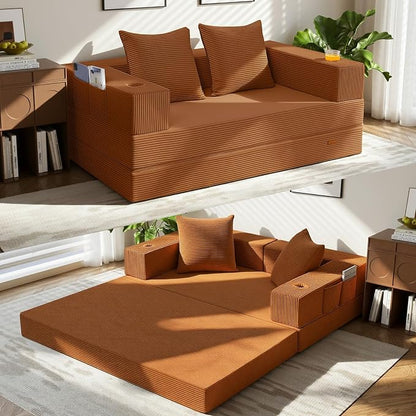 COMAX Futon Sofa Bed, 4‑in‑1 Convertible Sofa Bed, Folding Boneless Couches | Boneless Couch for living room, Fold Out Small Foldable Loveseat Floor Sleeper Mattress Lounge Space‑Saving, Orange