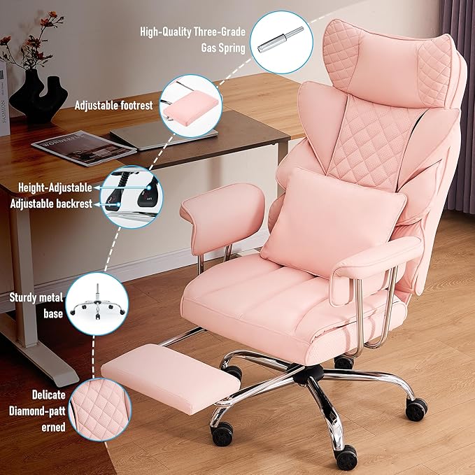 DYHOME 500 lbs Reclining Massage Office Chair with Foot Rest, Kneading Massage Home Office Chairs, High Back Office Desk Chair, Thicker Cushion, Big and Tall Ergonomic Chair for Heavy People, Pink