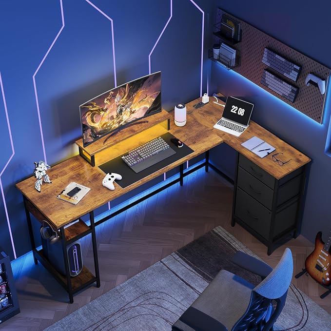 DEVAISE 66 Inch L Shaped Gaming Desk with Drawers and Storage, Corner Desk with LED Lights, Power Outlets, Computer Desk with Monitor Stand, Office Desk for Home, Rustic Brown