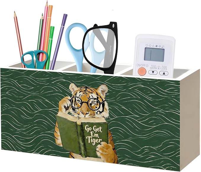 Funny Motivational Tiger Reading Pen Pencil Holder Organizer for Desk Accessories, Book Lover Reader Gifts, Eclectic Green Japandi Animal Bookish Wood Signs for Reading Nook Room Library Decor