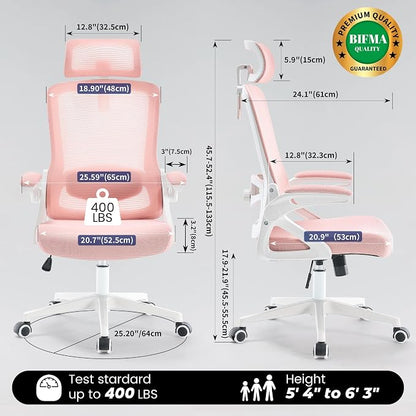 Fizzin Ergonomic Office Chair, 400 LBS Desk Chair with Adjustable Lumbar Support, High Back Breathable Mesh Computer Chair Rolling Work Swivel Task Chairs, Comfy Home Office Desk Chair (Pink)