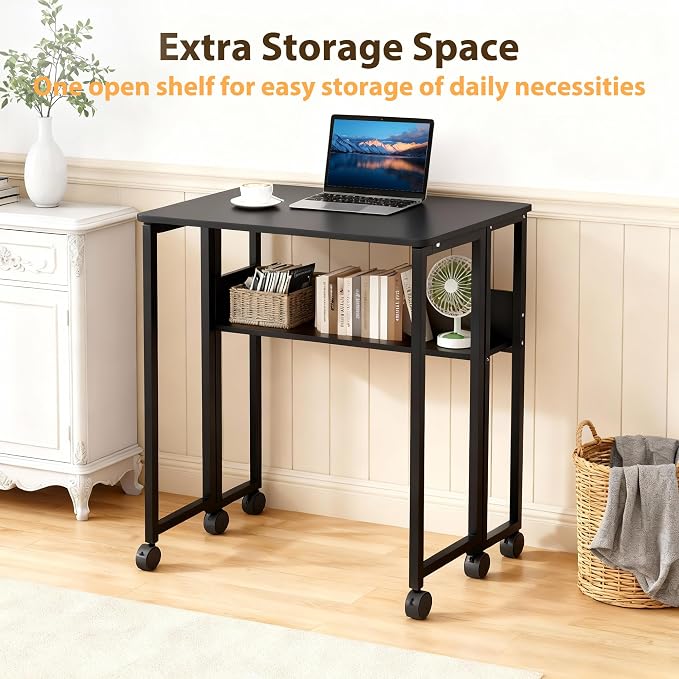31.5" Folding Desk Rolling Desk with Storage Shelf,Space-Saving Foldable Computer Desk with Wheels,Portable Mobile Couch Sofa Side Table for Small Spaces, Home Office, Study, Easy Assembly,black