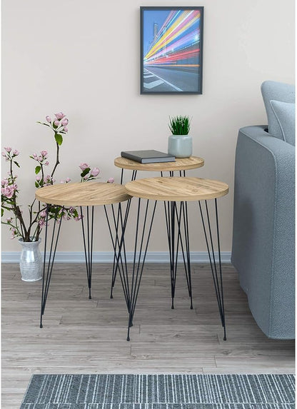Set of 3 Pine Wood Nesting End Tables Round Wood Stacking Coffee Side Accent Table with Metal Legs for Living Room, Home Office, Nightstands for Bedroom