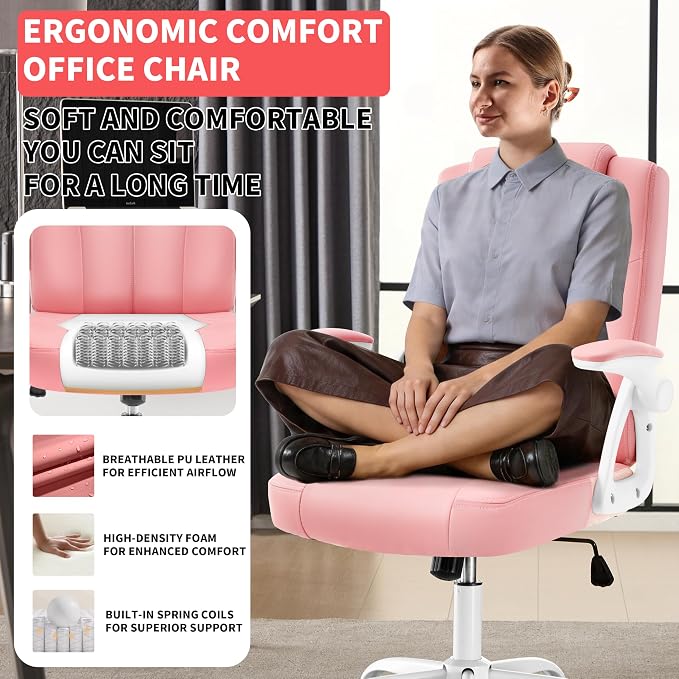 Executive Office Chair, Ergonomic PU Leather Computer Chairs, Executive Breathable Desk Chair with Padded Flip-Up Arms, 360° Swivel Rolling Chair Comfy Padded for Working Studying Gaming (Pink)