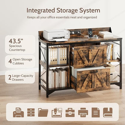 44" File Cabinet, Lateral Filing Cabinet for Home Office with 2 Drawers, Office Storage Cabinet with Lock and Key, Wooden Printer Stand with 4 Storage Shelves, Power Outlets, Bookshelf, Rustic Brown