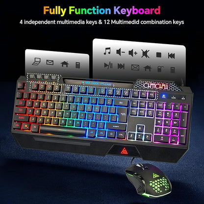 CHONCHOW Gaming Keyboard and Mouse Combo, USB Wired RGB Backlit Anti-Ghosting Silent Keyboard with Ergonomic Wrist Rest & Phone Holder, 7D 7200DPI Gaming Mouse for PC Gamer Xbox PS4 PS5 (RGB-Black)