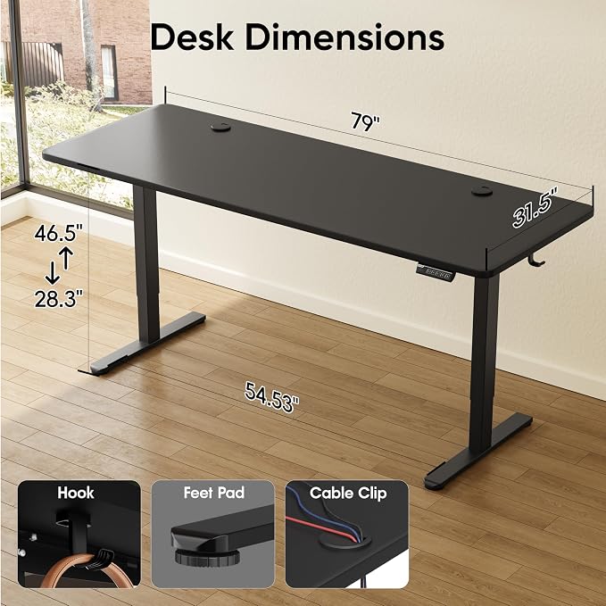 Monomi 79" Electric Standing Desk for Home Office - Large Adjustable Height Desk with 178 lbs Weight Capacity, 3 Memory Presets, Quiet Motor, Anti-Collision (Black)