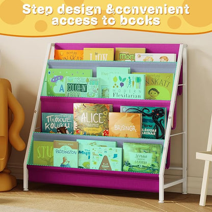 Aokitsink Kids Bookshelf for Kids Rooms, 4-Tier Montessori Bookshelf,Nursery Book Shelves,Pink Toddler Bookshelf, Metal Kid's Book Storage Organizer for Girls Room Furniture Playroom Kindergarten