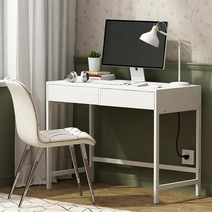 Treocho Computer Desk with USB Charging Ports and Power Outlets, Modern Simple 40 inch White Desk with 2 Drawers, Vanity Desk, Makeup Table for Home Office, Bedroom