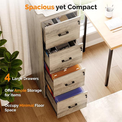 VINGLI 4 Drawer File Cabinet with Lock, Home Office Filing Organizer, for Letter Size File Folder Storage, Wood Tall Vertical Filing Cabinet, Printer Stand, Archivador (Rustic Gray)