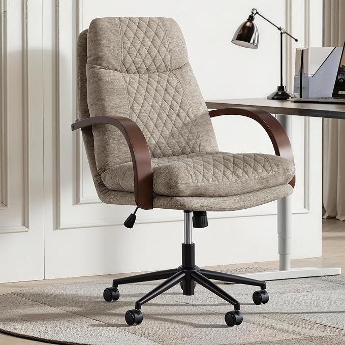 KISLOT Home Office Desk Chair, Ergonomic Office Chair with Lumbar Support, Adjustable Swivel Computer Chair with Wheels, Fabric Executive Task Chair with Wood Arms, Set of 2, Khaki