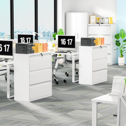 INTERGREAT 3 Drawer File Cabinet, Metal Lateral Filing Cabinet for Home Office, Locking Horizontal File Cabinets for Hanging Files Letter/Legal/F4/A4 (White)