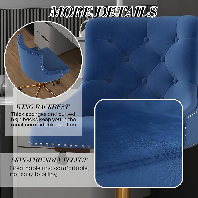 Velvet Armless Home Office Desk Chair, Swivel Height-Adjustable Small Cute Vanity Chair for Women/Girls, Comfy Makeup Chair with Rivet and Gold Base for Living Room, Bedroom(Blue)