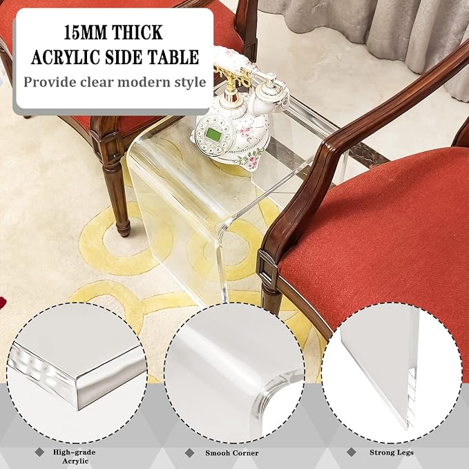 Acrylic Side Table Set of 2, 18" H x 16" W x 12" D x 3/5'' Thick Clear Small End Table, Transparent Nightstand and Stool for Home Office, Living Room and Bedroom