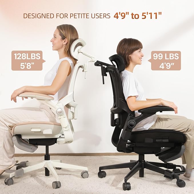 CabLady S2 Petite Office Chair for Women & Small Frames | 330lb Capacity, 4D Adjustable Lumbar/ Headrest, Flip-Up Arms & Footrest, Ergonomic Desk Chair