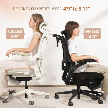 CabLady S2 Petite Office Chair for Women & Small Frames | 330lb Capacity, 4D Adjustable Lumbar/ Headrest, Flip-Up Arms & Footrest, Ergonomic Desk Chair