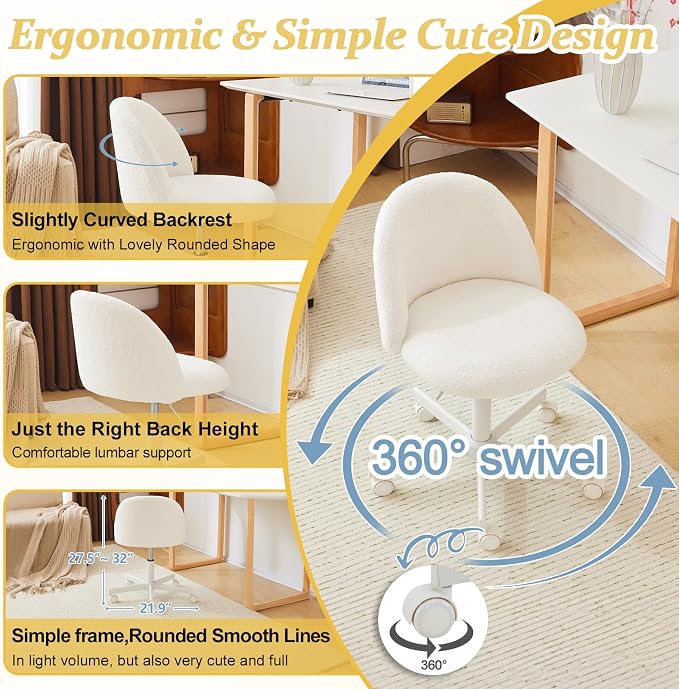 VINGLI Modern Vanity Chair with Back, Velvet Desk Chair for Girls, Small Office Chair with Silent Wheels， Stylish and Comfortable, White