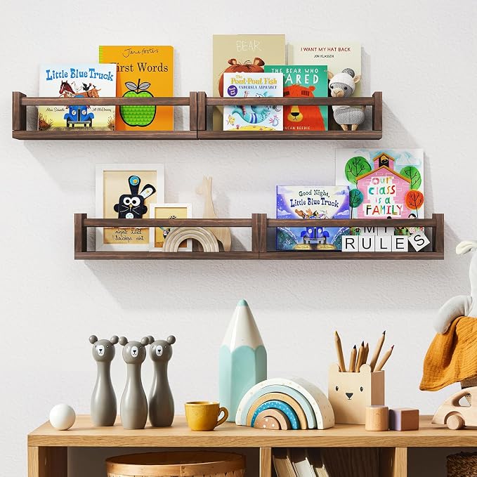 Fixwal Floating Book Shelves for Wall, 16.5 Inch Nursery Book Shelves for Kids Rooms, Shelves for Kids Room Set of 4, Solid Wood Wall Mounted Shelves for Books and Toys Storage (Brown)