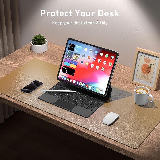 Aothia Faux Leather Desk Mat for Keyboard & Mouse (Khaki, 31.5" x 15.7") | Large desk mat for keyboard, mouse and laptop, creating a clean, organized workspace for work, study and everyday use
